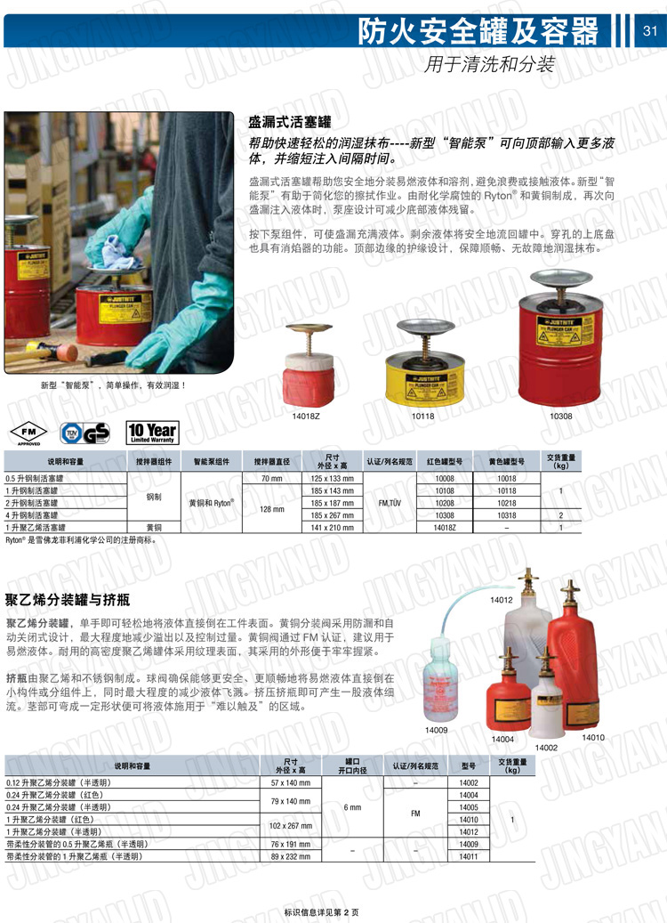 美國杰斯瑞特，JUSTRITE，活塞安全罐，盛漏式活塞罐，化學(xué)品分裝罐，